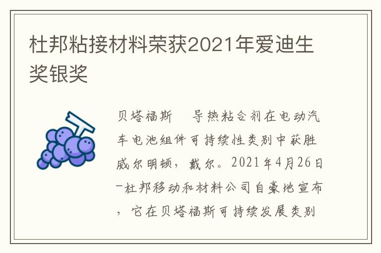 杜邦粘接材料荣获2021年爱迪生奖银奖