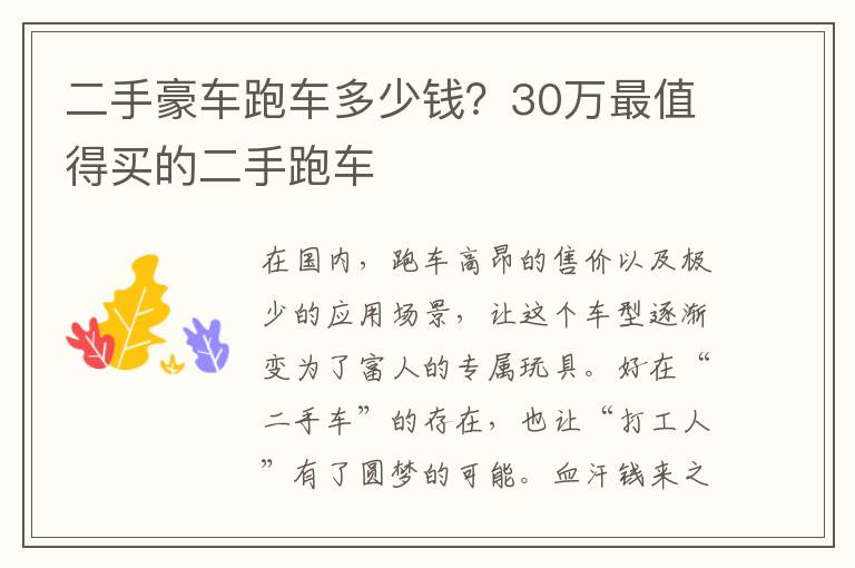 二手豪车跑车多少钱？30万最值得买的二手跑车