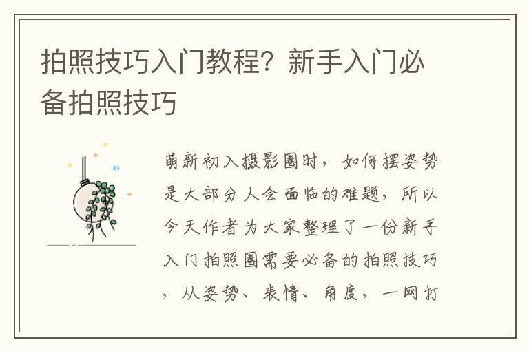 拍照技巧入门教程？新手入门必备拍照技巧