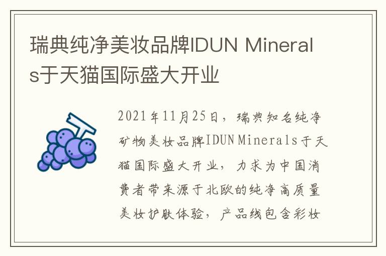 瑞典纯净美妆品牌IDUN Minerals于天猫国际盛大开业